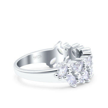 Half Eternity Ring Marquise Wedding Engagement Band Round Pave Simulated CZ 925 Sterling Silver (7mm)